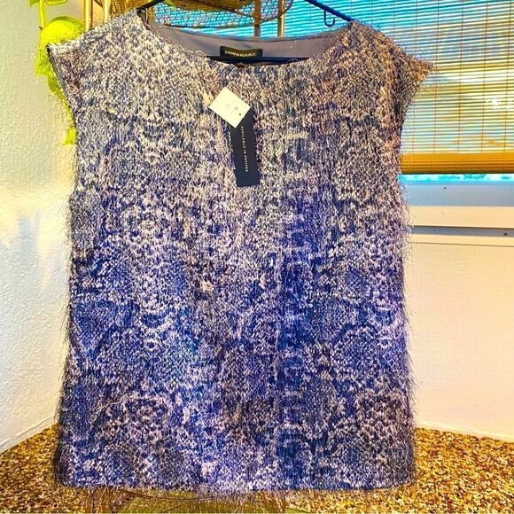 BANANA REPUBLIC ABSTRACT SNAKE SKIN PRINT FRINGE EYELASH BLACK & GRAY TOP S NWT - Picture 5 of 16